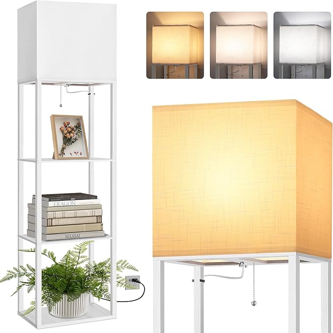 Dott Arts Floor Lamp with Shelves, Wide Floor Lamps for Living Room Display Shelf Lamps with 3 Color LED Bulb,Storage Wood Modern Floor Lamp for Bedroom Standing Lamp for Living Room Office（White）