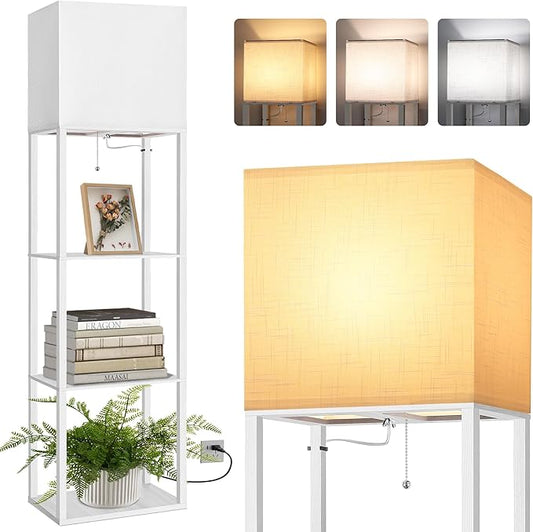 Dott Arts Floor Lamp with Shelves, Wide Floor Lamps for Living Room Display Shelf Lamps with 3 Color LED Bulb,Storage Wood Modern Floor Lamp for Bedroom Standing Lamp for Living Room Office（White）