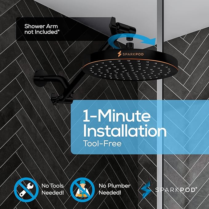 SparkPod Shower Head - High Pressure Rain - Premium Quality Luxury Design - 1-Min Install - Easy Clean Adjustable Replacement for Your Bathroom Shower Heads (Vintage Oil Rubbed Bronze, 8 Inch Round)