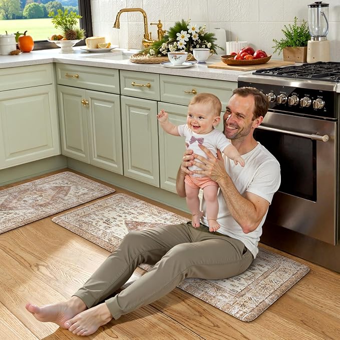 KIMODE Anti Fatigue Kitchen Mat, Farmhouse Kitchen Rugs Sets of 2, Non-Slip Waterproof Kitchen Floor Mats, Ergonomic Cushioned Standing Mat for Sink, Laundry, Desk Khaki 20"x47"+20"x32"
