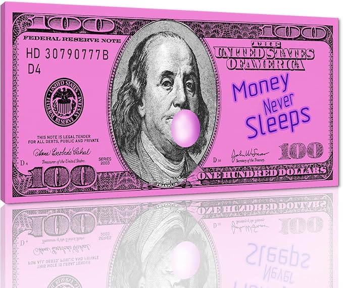 Pink Inspirational Office Canvas Art Benjamin Franklin 100 USD Dollar with Positive Quote Money Never Sleeps Creative Money Artwork Gift Choice for Men Workplace Gym Decor Framed Easy to Put-40 inch x 20 inch