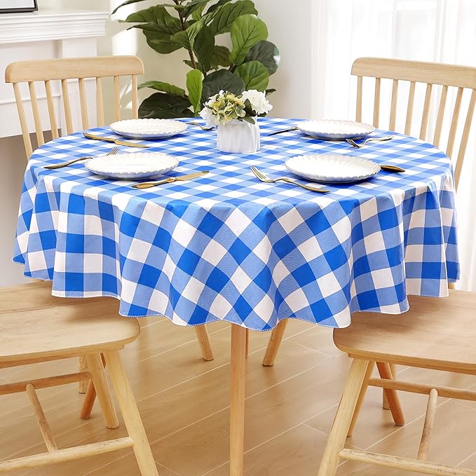 misaya Round Waterproof Vinyl Table Cloth, Buffalo Flannel Backed Tablecloth, Wipeable Plastic Table Cover for Dinner, Kitchen, Picnic (60", White and Blue)