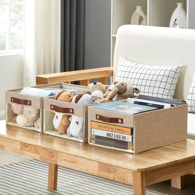 Medium Storage Baskets with Clear Window, See Through Closet Organizer with PU Handles, Linen Foldable Storage Bins for Organizing Clothes, Toys, Books (Khaki)