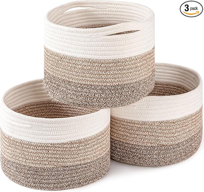 OIAHOMY Small Storage Baskets for Organizing,Closet Cube Shelf Storage, 9.8”×9.8”×7.1”, Woven Cotton Rope Gift Baskets for Nursery,Cute Dog Toy bins, Round 3 Packs, Gradient Brown