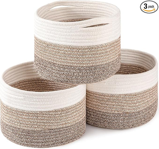 OIAHOMY Small Storage Baskets for Organizing,Closet Cube Shelf Storage, 9.8”×9.8”×7.1”, Woven Cotton Rope Gift Baskets for Nursery,Cute Dog Toy bins, Round 3 Packs, Gradient Brown