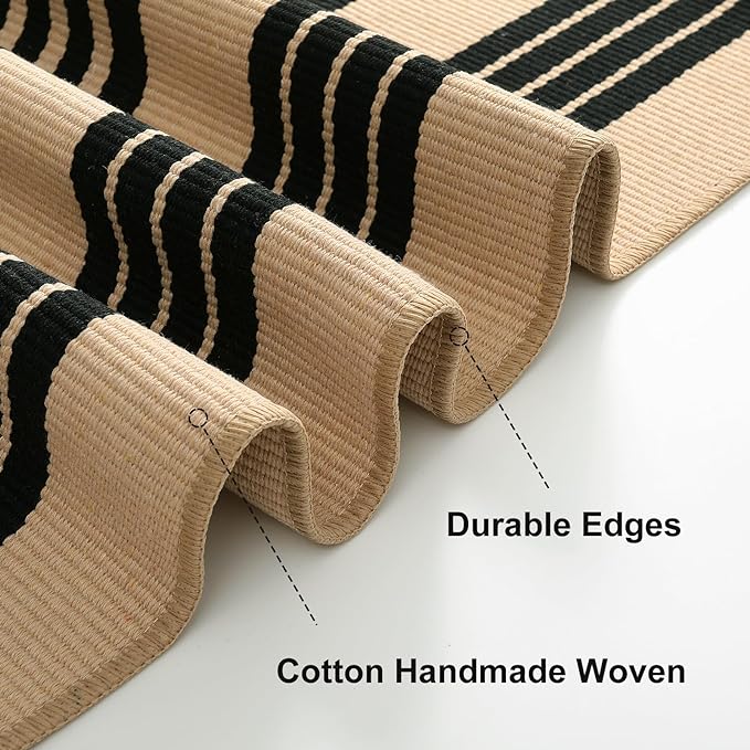 OJIA Outdoor Patio Rug 5'x7', Black and Tan Striped Outdoor Rugs Machine Washable Area Rugs Cotton Hand Woven Indoor Outdoor Rugs for Bedroom/Living Room/Front Porch/Deck/Backyard/Camping