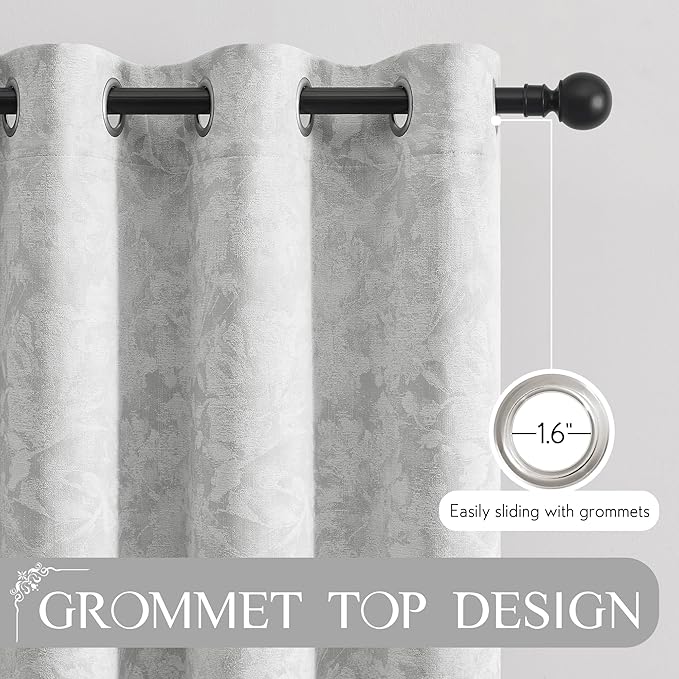 Beauoop Grey Floral Jacquard Blackout Curtains 108 Inches Long 2 Panels for Bedroom Living Room Gray Flower Chenille Room Darkening Thermal Soundproof Grommet Window Treatments Drapes, 52x108