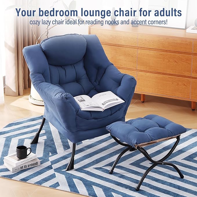 Lazy Chair with Ottoman, Modern Chair with Folding Footrest, Lounge Accent Chair, Comfortable Reading Chair (Royal Blue)