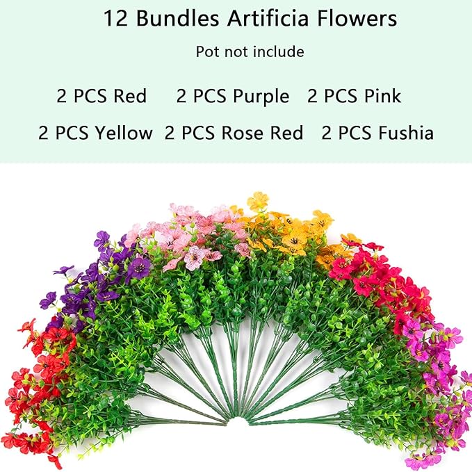 Artificial Flowers for Outdoor Indoor Garden Home Decoration, Faux Flower Daisy with Eucalyptus Leaves Fake Plants Greenery Boxwood Porch Patio, 12 Bundles (6 Multicolor)