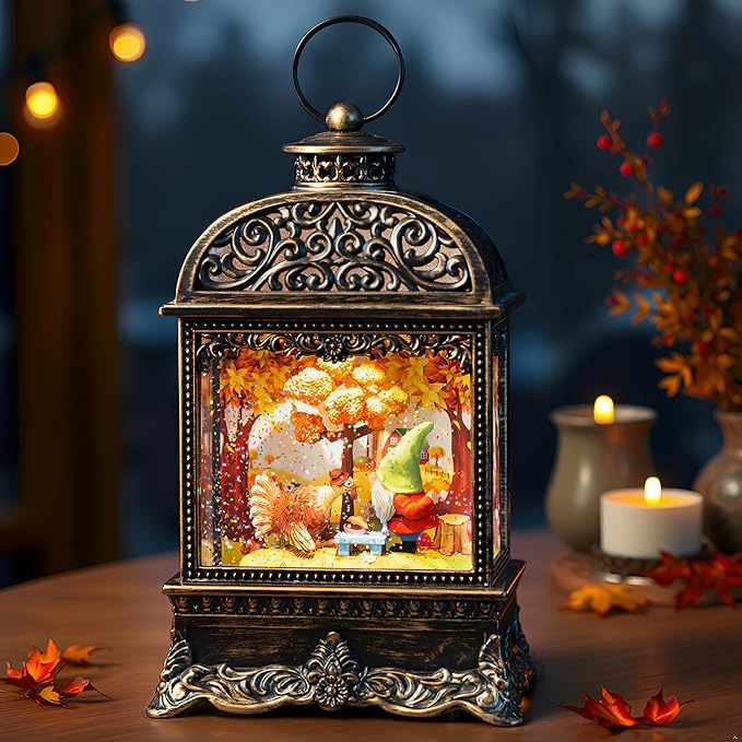 Fall Decor Snow Globe Lantern, Thanksgiving Decoration Swirling Glitter Gnome Snow Globe with Turkey, Harvest Day Gifts, Home Fall Halloween Decor