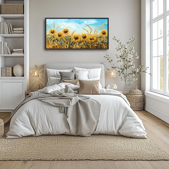 Olivine Large Wall Art, Sunflower Pictures Wall Decor, Sunflower Wheat Painting, Nature Landscape Canvas Prints, Framed Artwork for Living Room Bedroom Bathroom Office Home Decoration 60"x30"