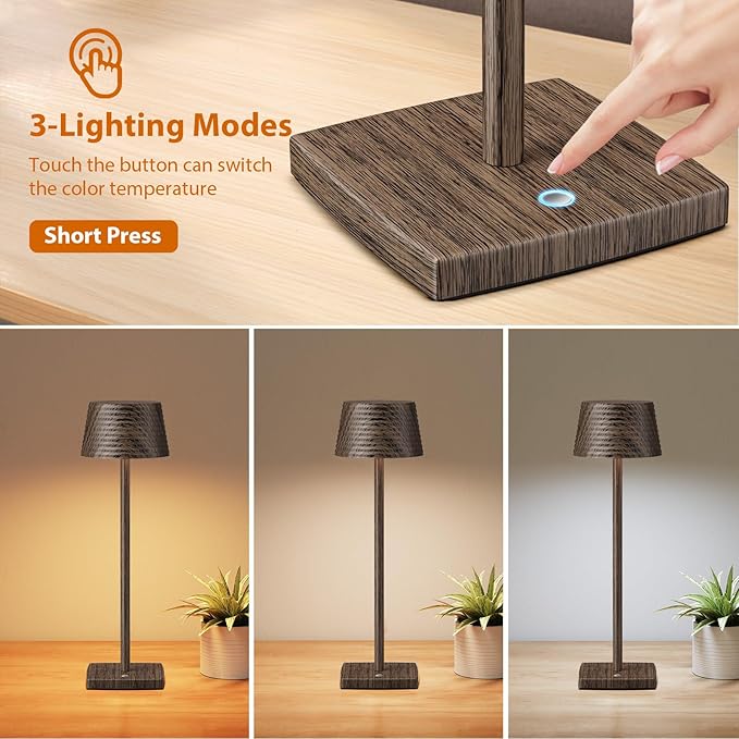 2Pack Cordless Table Lamps Rechargeable,Battery 6000mAh LED Portable Lights for Outdoor/Patio/Restaurant/Indoor Desk Lamp - IP54 Waterproof 3 Colors Stepless Dimming (2pack Walnut)