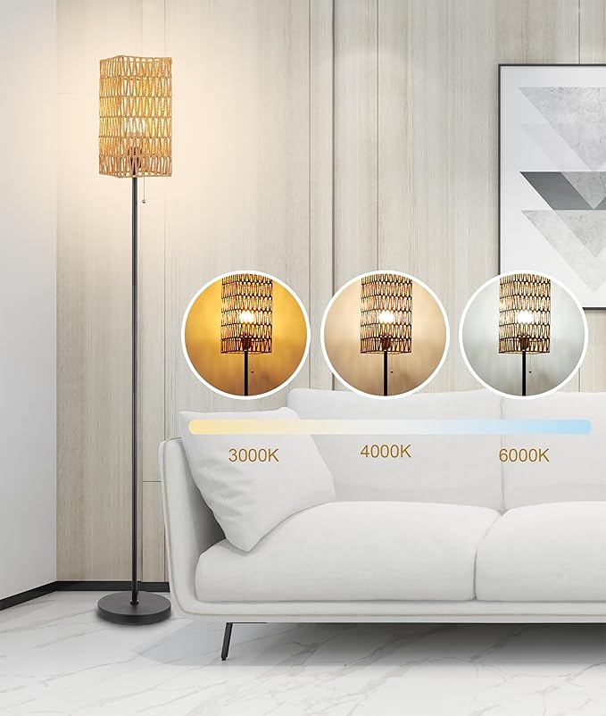 Floor Lamp for Living Room,Farmhouse Rattan Floor lamp,Modern Standing lamp with Hand-Worked Rattan Shade,Black Tall Lamp with Chain Switch (Square Shade)