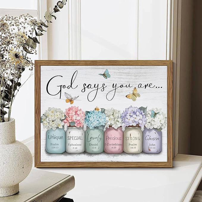Wood Framed Inspirational Bible Verse Wall Art, Christian God Says You Are Wall Decor Paintings, Farmhouse Scripture Mason Jar Flower Pictures Posters Prints for Bathroom Bedroom Home Decor 12x16 Inch