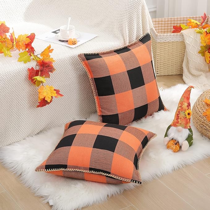 decorUhome Farmhouse Gingham Buffalo Plaid Check Throw Pillow Covers 22x22 Set of 2, Outdoor Fall Linen Decorative Pillow Covers with Stitched Edge for Bed Couch Sofa, Orange and Black
