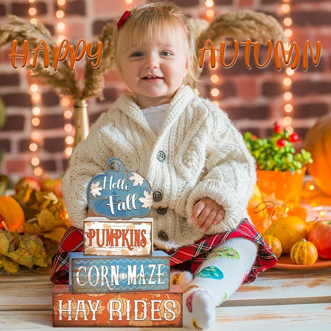 4 Pcs Fall Decor for Home Blue Pumpkin Wooden Signs with Blessed Autumn Tiered Tray Decor Hello Fall Tabletop Centerpiece Maple Leaf Block Signs for Thanksgiving Office Kitchen Shelf