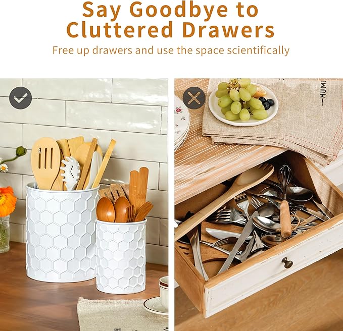 2 Pack Metal Utensil Holder for Kitchen Counter, 7.3"+5.4" Large Cooking Utensil Organizer Honeycomb Pattern Embossed Utensil Caddy for Party Cutlery Tool Holder Storage, White