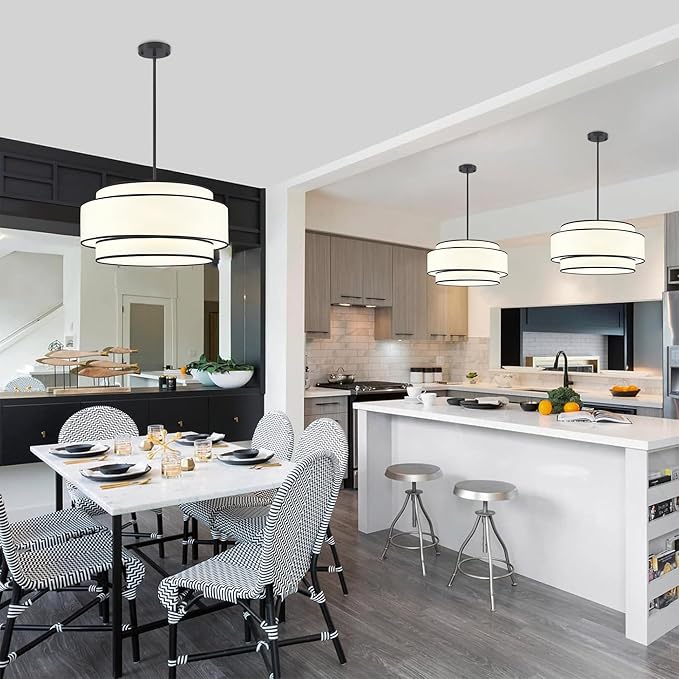 19.7'' Modern Drum Chandeliers,Black Chandeliers for Dining Room Hanging Light Fixtures,3-Tier Drum Pendant Light Over Island,6-Light White Fabric Chandeliers for Kitchen Living Room Entryway Bedroom