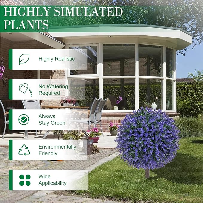 Set of 2 Artificial Purple Boxwood Topiary Ball Bush for Outdoor with Ground Spike 22", UV Resistant Faux Greenery Shrubs, Fake Purple&Green Boxwood Plants for Garden, Yard, Porch, Patio Decor