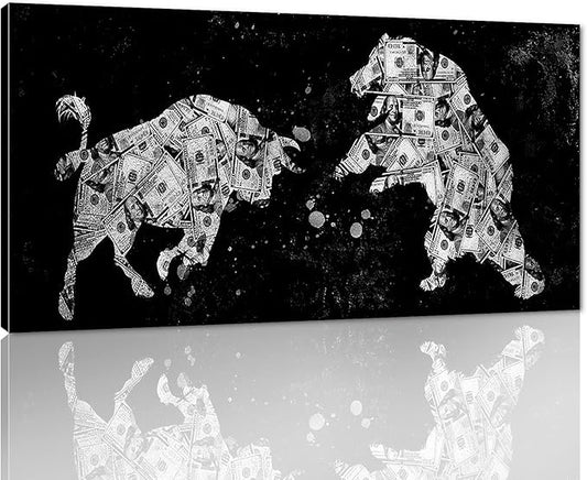 Extra Large Size Money Canvas Art Creative Bull vs Bear Money Canvas Artwork Black and White Inspirational Abstract Money Bull vs Bear Artwork for Gym Coffee Shop Decor Framed Easy to Hang-48 Wx24 H