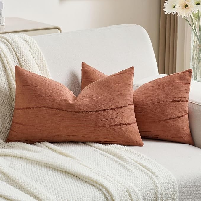 FUTEI Rust Chenille Decorative Throw Pillow Covers 12x20 Inch Set of 2,Soft Embossed Striped Textured Lumbar Pillow Cases,Modern Home Decor for Couch Bed Living Room