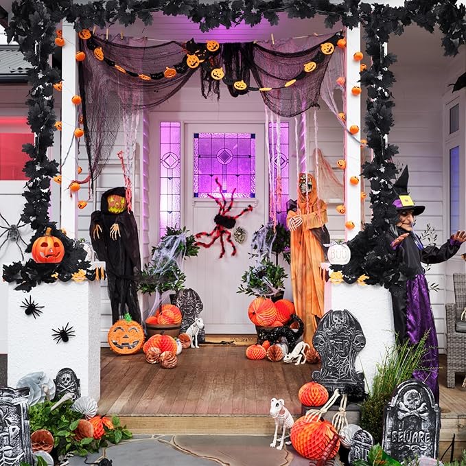 Fall Decor Fake Garland, Black Decorations Halloween Garlands, Autum Wall Hanging Maple Leaves, Artificial Maple Leaf Vine, Halloween Clearance,Fall Decoration for Home(4 Pcs Black)