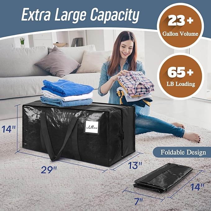 6 Pack Extra Heavy Duty Large Moving Bags with Strong Zipper & Comfortable Handles, Sturdy & Durable Clothes Storage Bags Totes Bins, Packing Moving Boxes for College Supplies, Black