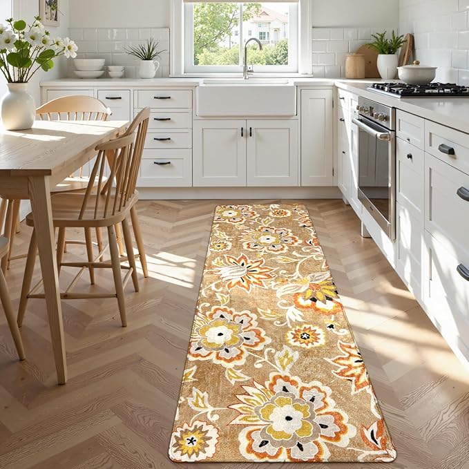 Lahome Floral Runners Rugs for Hallways - 2x6 Washable Non-Slip Kithcen Runner Rug Throw Soft Lightweight Bedroom Rug, Tan Paisley Print Modern Indoor Carpet Runner for Bathroom Laundry Room Entrance