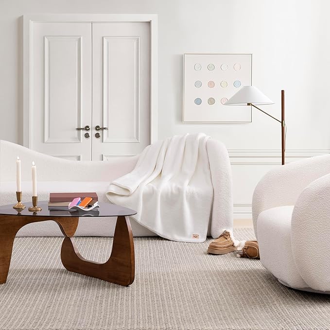 UGG Whitecap Plush Throw Blanket Fleece Lightweight Soft Cozy Throw for Couch or Bed Luxury Home Decor for Living Room Washable Hypoallergenic Blankets for Dorm Decor, 50-inch x 70-inch, White Snow