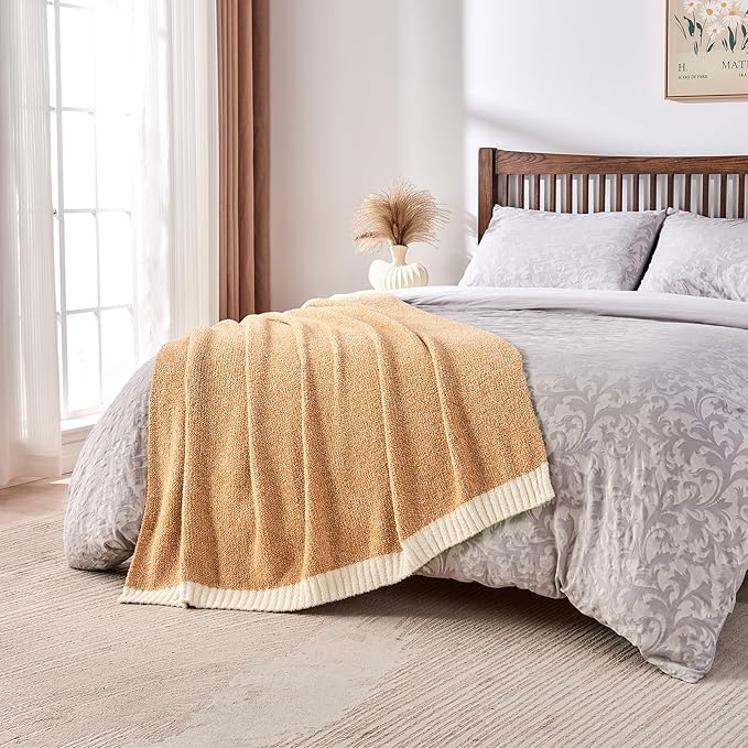 CozeCube Melange Blanket, Ultra Soft Orange and White Throw Blanket, Warm Cozy Knit Fuzzy Plush Reversible Throw for Couch Bed Sofa, 50"x60"