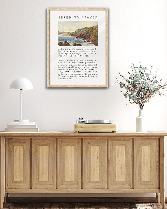 Large 16x20in OAK Wood Framed Wall Art, Serenity Prayer Bible Verse Christian Canvas Wall Decor, Blue Modern Jesus Wall Prints for Bedroom, Living Room, Bathroom, Religious Gift, 1 Pack