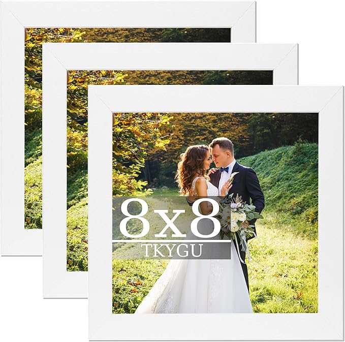 8x8 Picture Frame Set of 3, Made of Real Glass for 8x8 White wood Frames, Wall and Tabletop Display Photo Frame for Gallery Family Wedding Memorial Pic Frame Best Gift