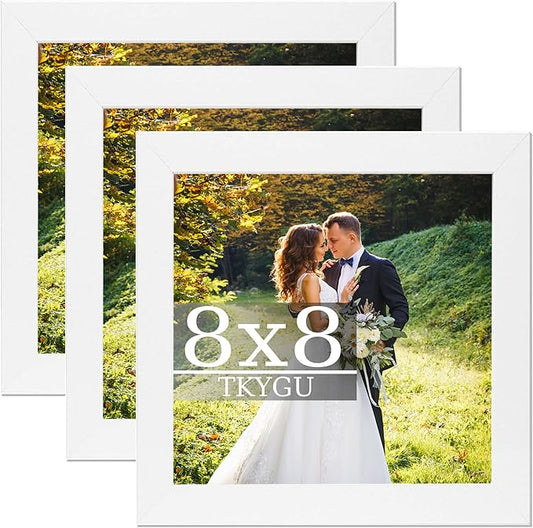 8x8 Picture Frame Set of 3, Made of Real Glass for 8x8 White wood Frames, Wall and Tabletop Display Photo Frame for Gallery Family Wedding Memorial Pic Frame Best Gift
