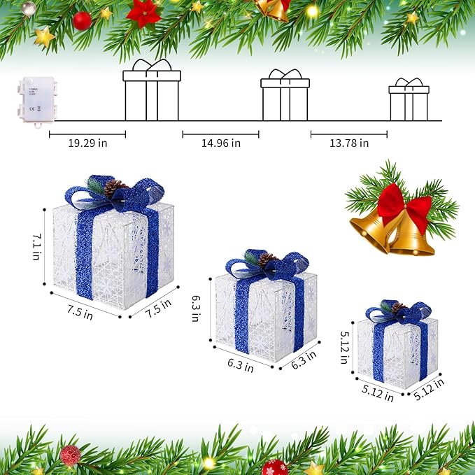 Christmas Decorations, Set of 3 Christmas Lighted Gift Boxes, Battery Operated Xmas Present Boxes, Warm White LED with Bows for Indoor Christmas Tree, Yard, Home Decor （Blue Bow）
