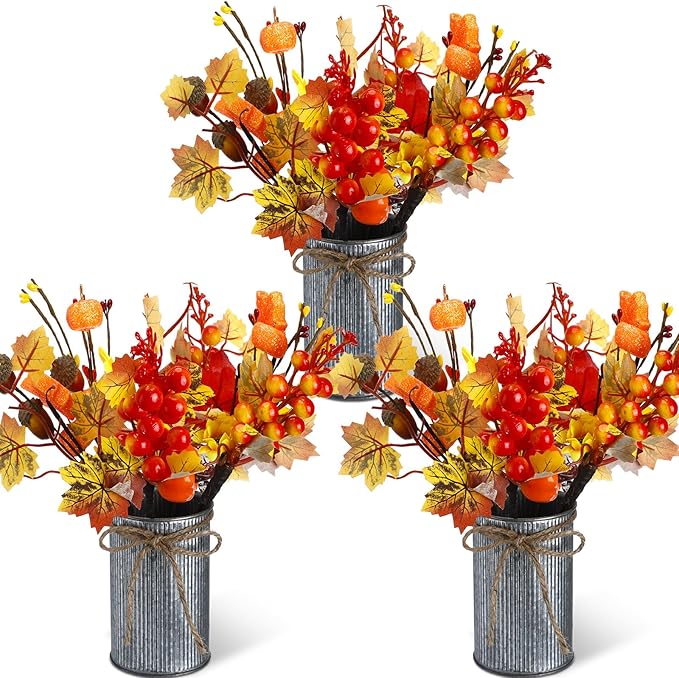 Zeyune 3 Sets Fall Thanksgiving Table Centerpiece Decoration Harvest Artificial Flower Stem Pumpkin Maple Berry Pick with Metal Pot for Autumn Rustic Farmhouse Home Kitchen Dining Indoor Decoration
