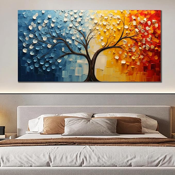 Colorful Tree of Life Wall Art for Living Room Blue and Orange Tree Picture Large Artwork Office Bedroom Canvas Prints Size 29x58