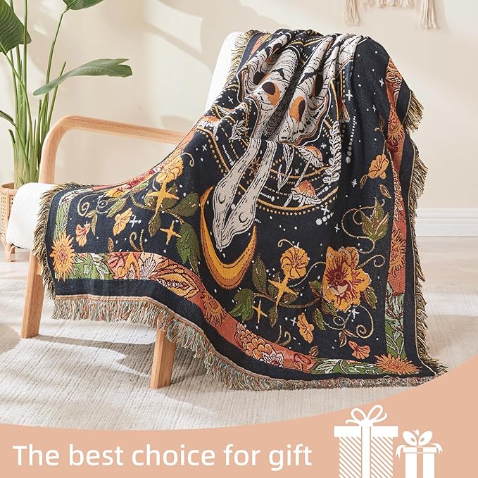 Boho Throw Blanket Reversible Cotton Bohemian Tapestry Hippie Room Decor Outdoor Blanket Double Sided (Black Butterfly 50"x60")