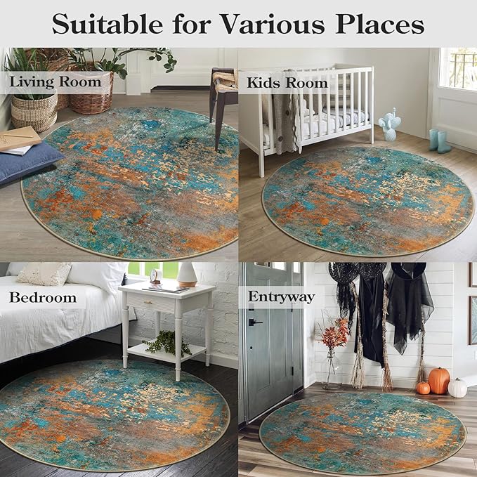 Lahome Modern Abstract Round Rug - 4Ft Colorful Rugs for Entryway Small Bathroom Rugs Washable 4x4 Circle Mat, Contemporary Indoor Floor Accent Carpet for Kitchen Bedroom Family Room Decor