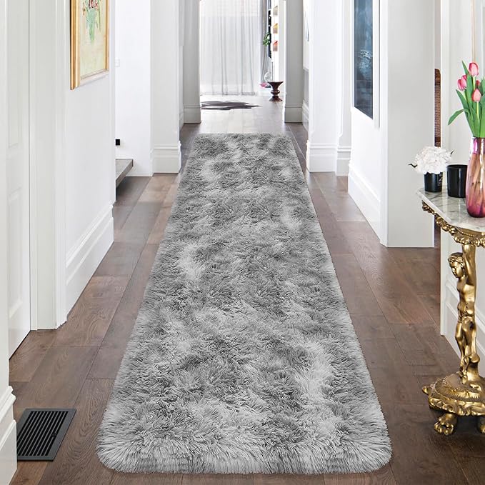 Super Soft Fluffy Living Room Area Rug 2x8 ft Tie-Dyed Light Grey Shaggy Furry Carpet Washable Non-Slip Floor Rugs Bedroom Bedside Nursery Rug Fuzzy Boys Girls Dorm Home Decor Aesthetic