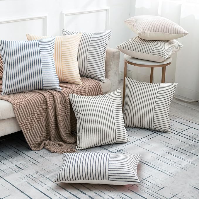 Farmhouse Pillow Covers 12x20, Modern Accent Lumbar Throw Pillow Covers Set of 2, Navy and Beige Striped Patchwork Linen Decorative Pillows Cushion Covers for Couch Chair Bedroom Fall Decorations