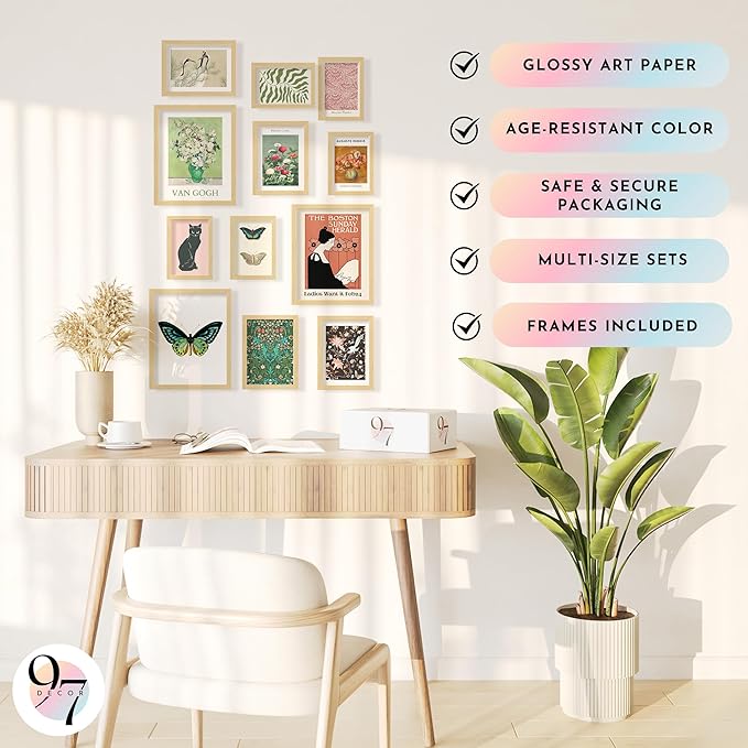 97 Decor Eclectic Wall Art FRAMED - Vintage Boho Wall Decor, Trendy Boho Prints For Wall, Framed Gallery Wall Art Set Dorm Posters For Room Aesthetic Pictures, Maximalist Decorations For Home (BEIGE FRAME)