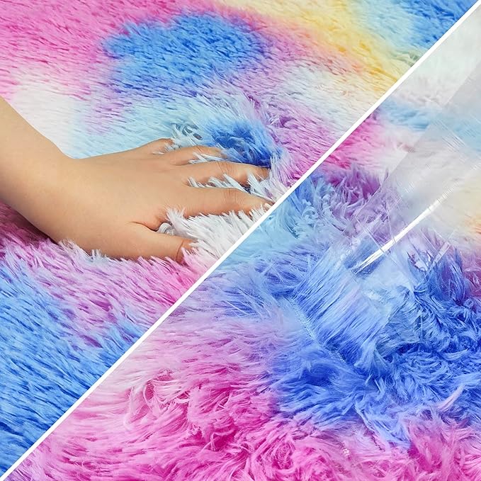 Fluffy Colorful Rug for Bedroom Girls 4x6 Kawaii Rainbow Tie Dye Area Rug Fuzzy Indoor Floor Unicorn Rug for Living Room Kids Nursery Baby Princess Room Dorm Home Decor Aesthetic Carpets