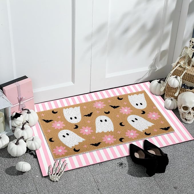 2 Pcs Halloween Door Mat Ghost Welcome Non Slip Coir Mats Pink Flower Cute Bat Stripe Floor Layering Doormats Seasonal for Front Porch Entryway Decor(Flower Ghost)