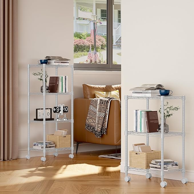 3 Tier Shelf Metal Storage Shelves Wire Rack Closet Organizers with Wheel for Garage Kitchen Bathroom Laundry White 11.8" D x 17.7" W x 29.8" H