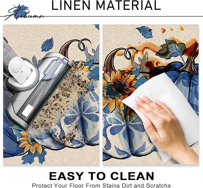 Fall Blue and White Porcelain Pumpkin Kitchen Rugs Set of 2, Autumn Sunflower Kitchen Mats Decor, Thanksgiving Seasonal Floor Door Mat Home Decorations - 17x29 and 17x47 Inch