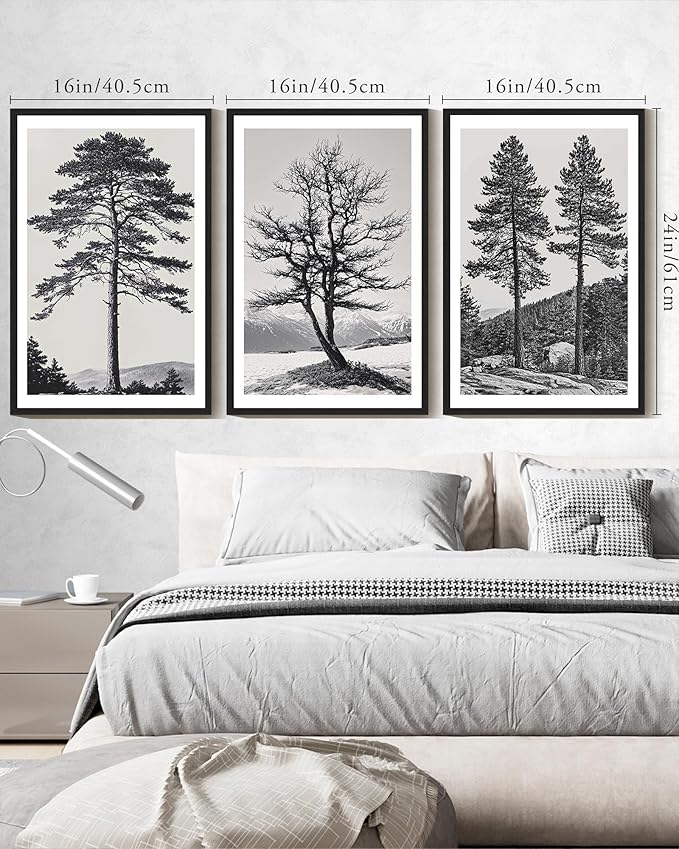 KUVIOKE Vintage Black Gray Forest Wall Art Framed Antique Retro Tree Prints Modern Rustic Artwork Bedroom Living Room Ready to Hang 16x24in (Black Framed)