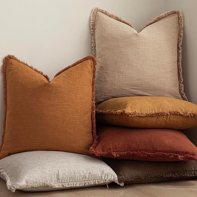 Foindtower Set of 2 Decorative Linen Fringe Throw Pillow Covers Cozy Boho Farmhouse Cushion Cover with Tassels Soft Accent Pillowcase for Couch Sofa Bed Living Room Home Decor, 22×22 Inch, Orange