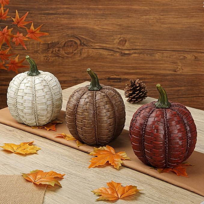 Oairse 6 Inch Large Artificial Pumpkins, 3 Pcs Fall Pumpkin Decor Beige Dark Red Brown Faux Resin Pumpkins Woven Pumpkin Centerpiece for Rustic Farmhouse Fall Thanksgiving Autumn Harvest Table Decor