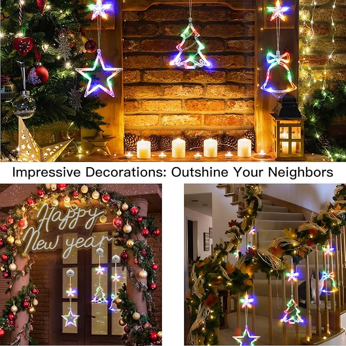 suddus Christmas Window Lights Decorations, 3Pcs Tree-Jingle Bell-Star Shaped Xmas Lights Battery Powered with Suction Cups & Timer, Hanging String Lights Indoor for Tree, Fireplace, Multicolor