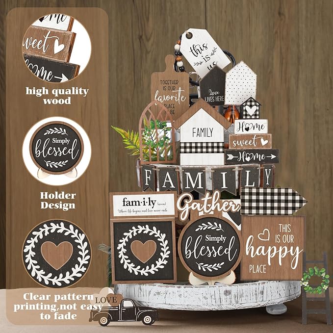 Yaomiao 21 Pcs Farmhouse Tiered Tray Decor Set Rustic Farmhouse Wood Decor Sign Vintage Rustic Family Gather Blessed Tiered Tray This is Our Happy Place Sign for Home Kitchen Table Shelf (Classic)